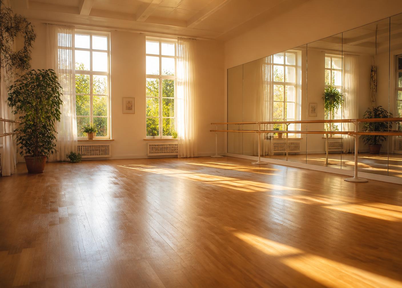 Grande salle de danse : parquet, miroirs et barres